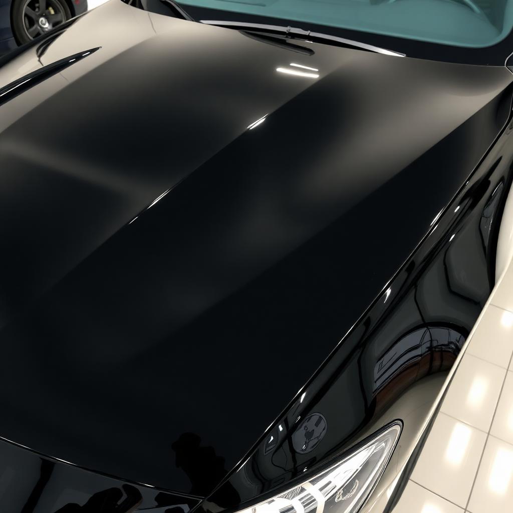 Glossy black sedan hood after ceramic detailing