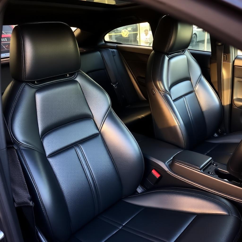 Deep-cleaned black leather interior after detailing